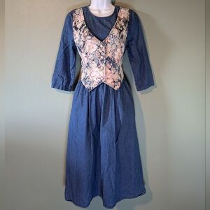 Vintage Denim Long Sleeve Maxi Dress with Floral Tapestry Button Down Vest
